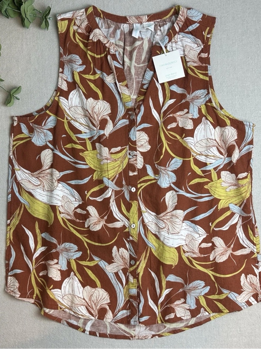 Cynthia Rowley Linen Blend Button Front Tank Rust Brown Floral NWT